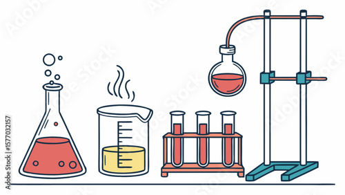Science lab equipment illustration with beaker flask test tubes and distillation setup for chemistry experiments