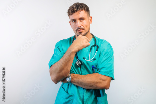 Serious Doctor with Hand on Chin Thinking