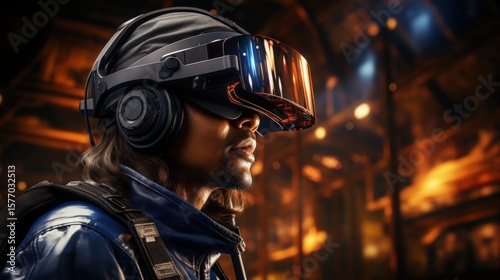 An engineer wearing a virtual reality headset for a design simulation