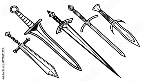 An antique military set of two crossed swords with a sharp blade and steel handle, isolated on white