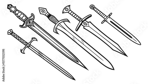 Crossed antique medieval swords with sharp steel blades, isolated on white