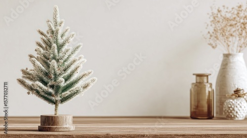Minimalist Christmas scene on wooden table