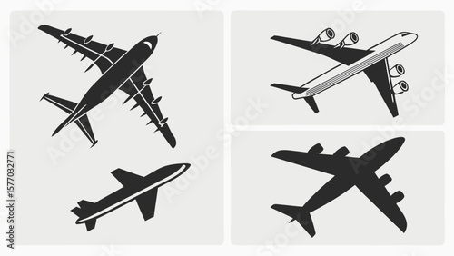 Vector set of airplane icons featuring silhouettes of aircraft for travel, flight, and transportation illustrations