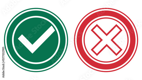Green yes checkmark and red cross no buttons vector icons