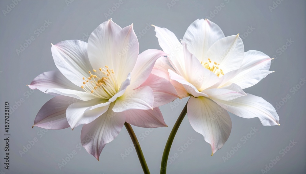 Fototapeta premium Two delicate white flowers with translucent petals and subtle pink edges on a soft grey background. Perfect for elegant, light, and ethereal advertising campaigns