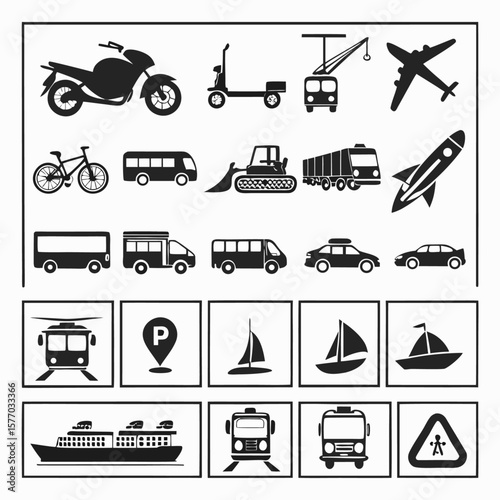 A comprehensive vector icon set of cars, trucks, buses, trains, airplanes, and ships for all your transportation and travel illustration needs