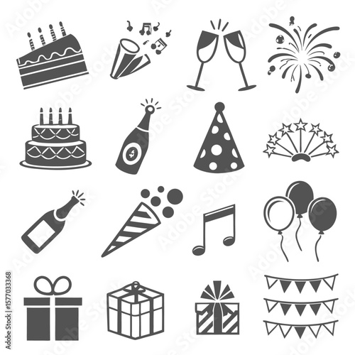 A seamless vector pattern set of cartoon birthday and Christmas party icons with festive holiday gifts, cakes, hats, and star decorations
