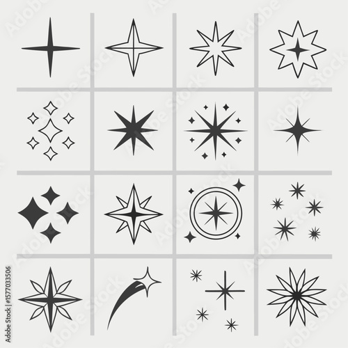Black and white vector icons set of star, Christmas snowflake, and winter holiday decoration symbols