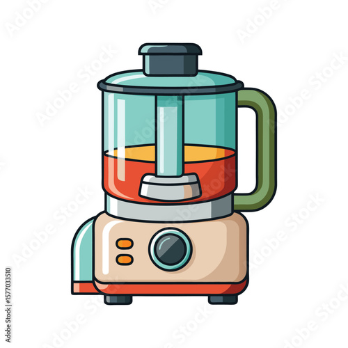 Modern kitchen appliance food processor with transparent bowl and red contents