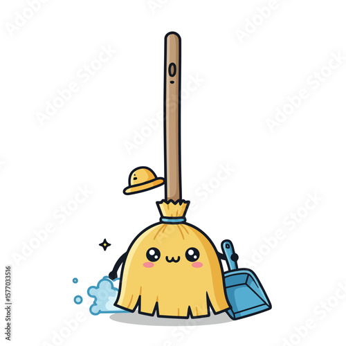 A cute cartoon broom character, complete with a hat and dustpan, stands ready for cleaning, bringing a whimsical and fun element to tidiness and housework chores.