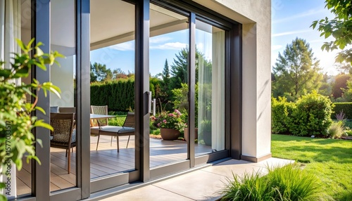 Modern patio doors, lush garden