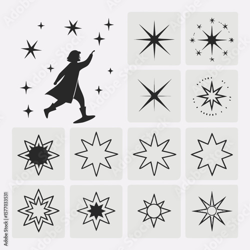 A vector set of black snowflake and star icons, perfect for Christmas winter decoration designs or compass and map illustrations