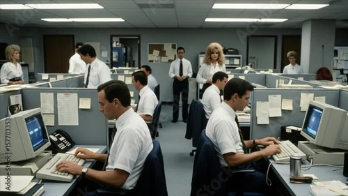 Busy Office Scene Workers in Cubicles at Computers with Manager Supervising, Vintage Workplace Vibe