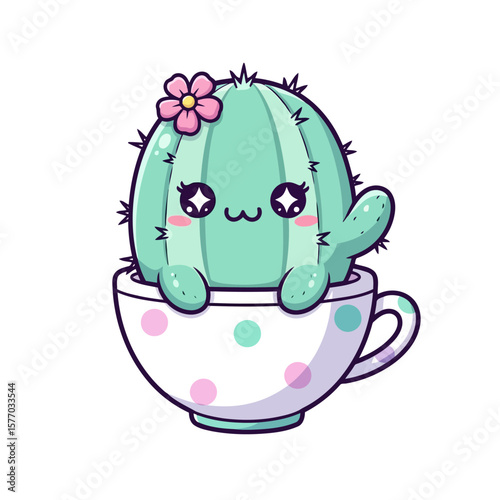 Adorable cartoon illustration presents a sweet green cactus with large eyes sitting in a dotted teacup, complete with a delicate pink flower