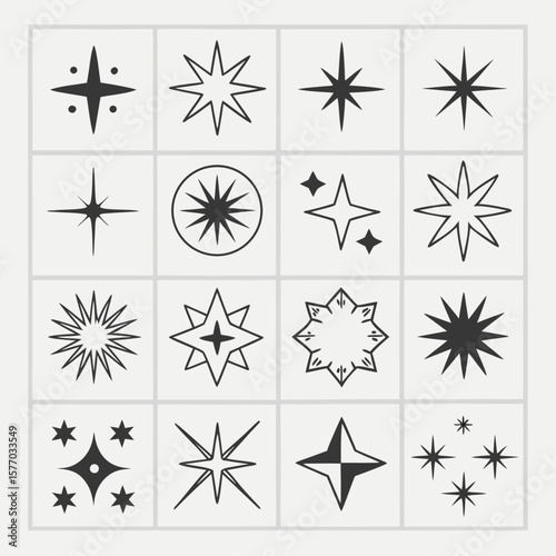 Black and white vector icon set of stars, snowflakes, and other winter holiday symbols for Christmas decoration design