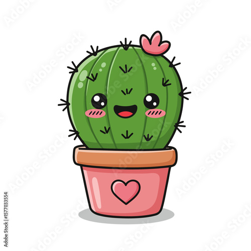 A charming cartoon cactus in a pink pot with a heart detail adds a touch of desert whimsy and botanical sweetness to your creative projects, perfect for illustrations or design elements.