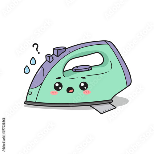 Confused Iron: An adorable illustration of a steam iron, expressing a look of confusion, with water droplets and question marks, emphasizing its adorable nature.
