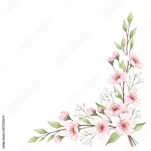 Blossom Corner Delight: A delicate illustration showcases a vibrant corner arrangement of blooming cherry blossoms.