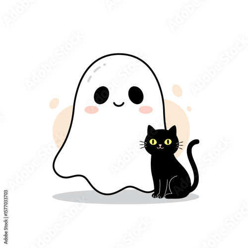 Friendly Haunting: A charming illustrated scene, showcasing a playful ghost and a sleek black cat, ready to usher in the spirit of Halloween with smiles.