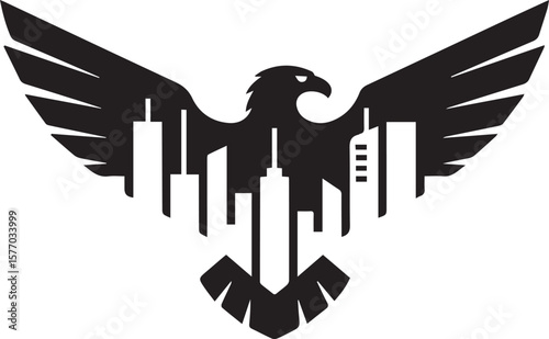 Eagle silhouette logo representing a city skyline. A black and white graphic, featuring an eagle with spread wings, incorporating the shape of buildings to symbolize urban landscapes.