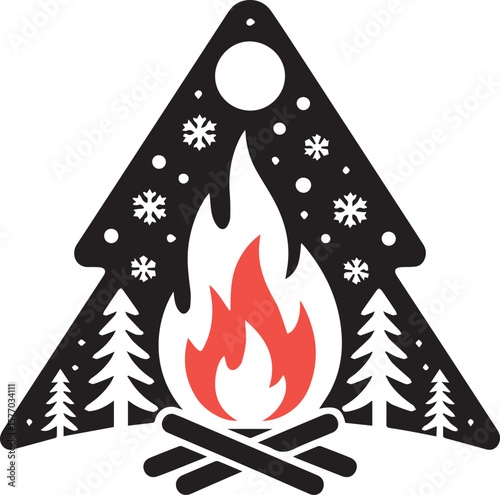A stylized illustration of a campfire burning brightly under a starry sky, enclosed within the shape of a Christmas tree