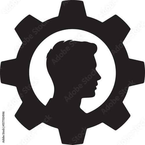 A creative mind represented by a gear icon. This image features a silhouette of a person's head encompassed by a cogwheel, symbolizing innovation and engineering