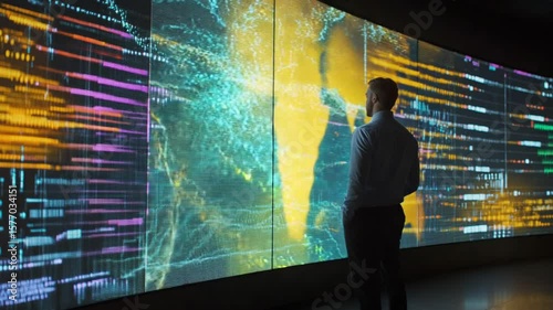 Analyst examining global business financial data on digital screen wall display