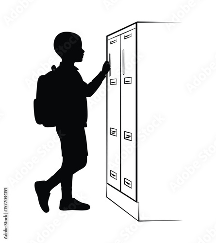 School child hanging backpack on wall hook in hallway, vector silhouette illustration