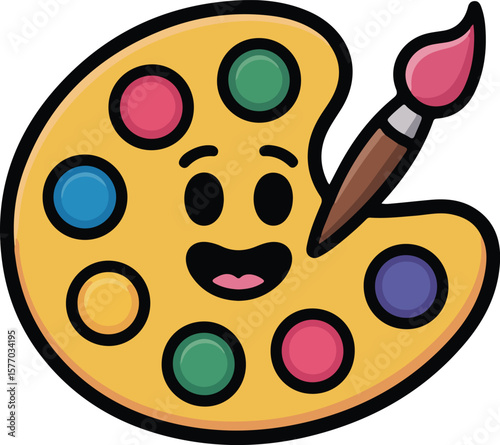 Cheerful artistic palette featuring colorful paint with brush, symbolizing creativity