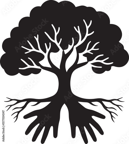 Black and white tree vector graphic with hand roots.
