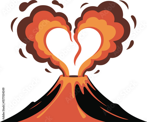 A volcanic eruption in the shape of a heart, symbolizing fiery passion and love