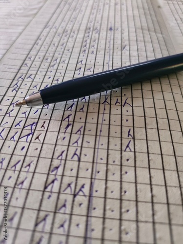 still picture of a ball point pen kept over a student attendance register used in a school in India