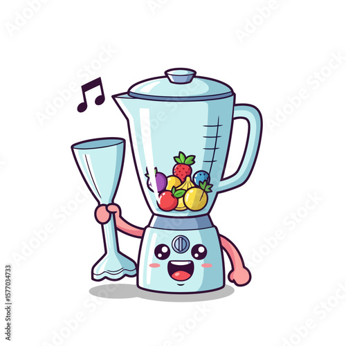 Juice Blender Celebration: A lively illustration of a juice blender filled with fresh fruits, joyfully holding a glass, radiating a sense of fun and the healthy benefits of blending.