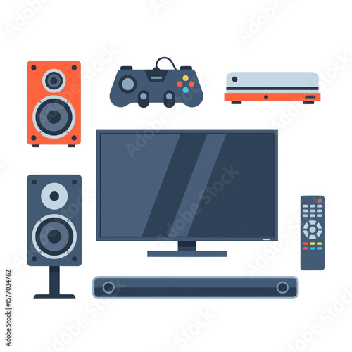 Modern Entertainment Set: A collection of cutting-edge entertainment components, including a sleek flat-screen display, powerful speakers, and an intuitive gamepad.