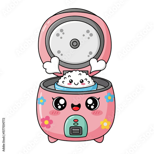 Sweet Kitchen Companion: A charming pink rice cooker smiles, inviting you to a world of culinary delight. The illustration captures the essence of home-cooked meals and the joy of cooking.