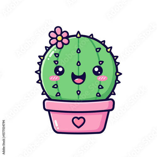 Cheerful Cactus: A vibrant illustration of a charming cactus, radiating happiness with a playful grin, a lovely flower, and a heartwarming heart pot. 