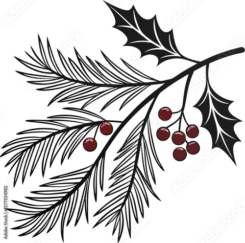 Vector seamless pattern illustration of a Christmas tree and cherry branch with berries, floral leaf design