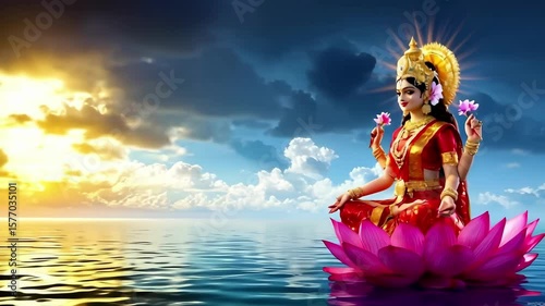 Radiant Goddess Lakshmi Meditating on Lotus for Prosperity and Diwali Festival