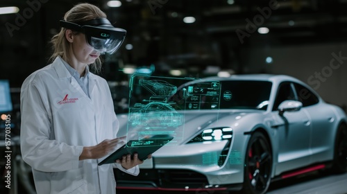 Engineer in white lab coat using a VR headset to inspect a futuristic electric car in a high-tech automotive lab. Concept for innovation and advanced automotive technology