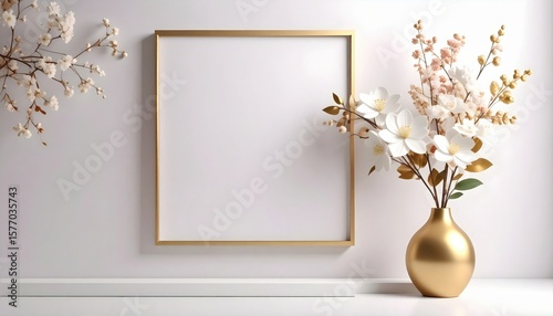 Elegant floral arrangement in a stylish vase with blank frame modern interior decor minimalistic design soft lighting