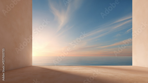 Minimalist Terrace with Ocean View at Sunrise