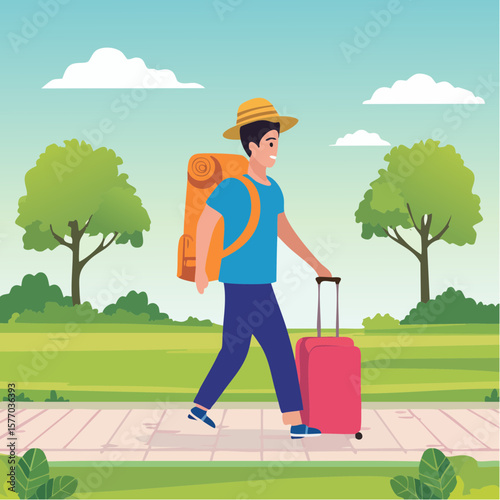 backpacker walking with suitcase