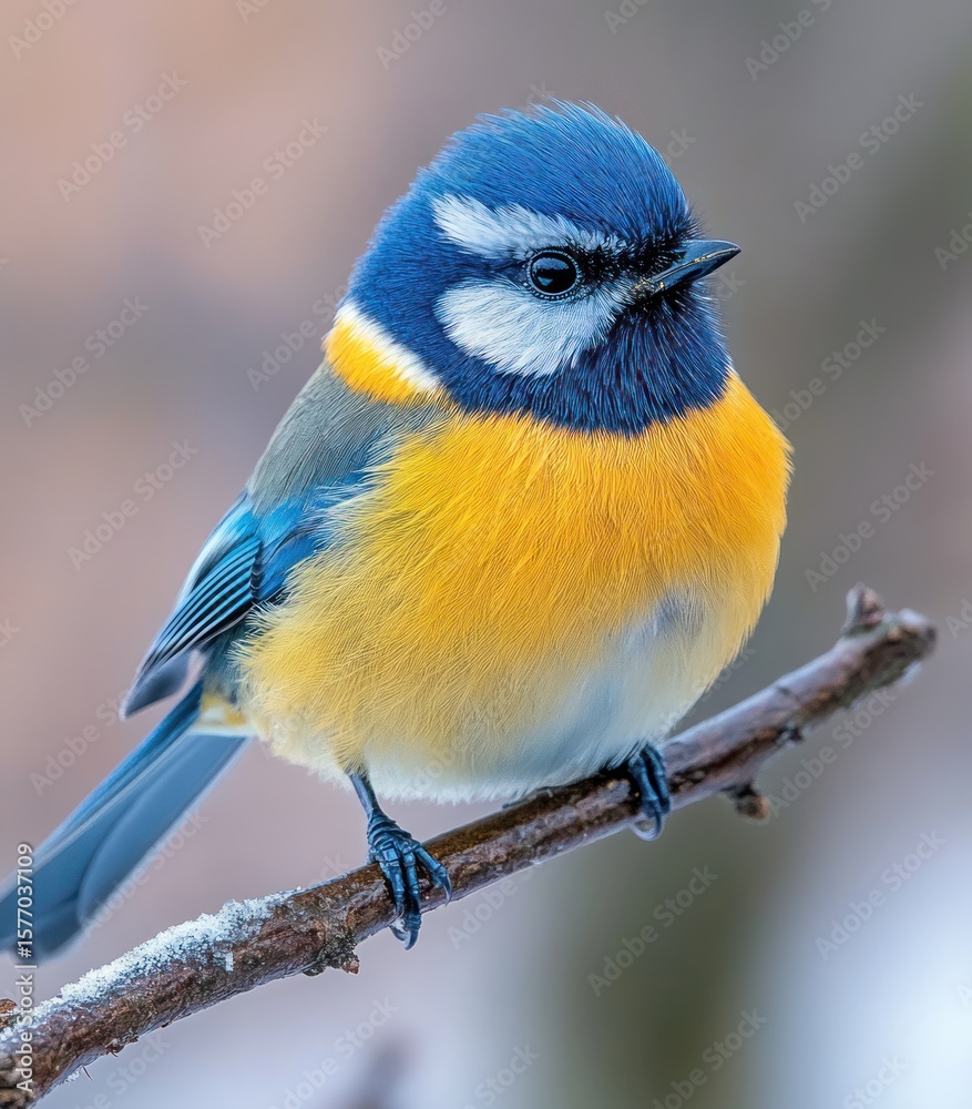 Obraz premium Blue tit bird perched on branch in winter. Possible use Nature photography