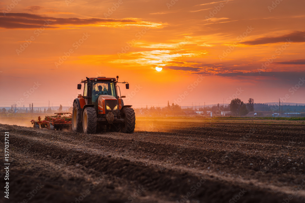 Fototapeta premium Tractor drives across large field making special beds for sowing seeds into purified soil. Agricultural vehicle works at sunset in countryside