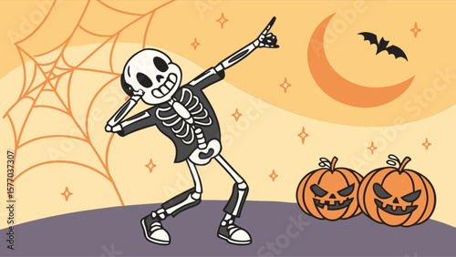 Halloween skeleton dabbing with pumpkins and bat cartoon vector illustration for spooky season fun and decoration