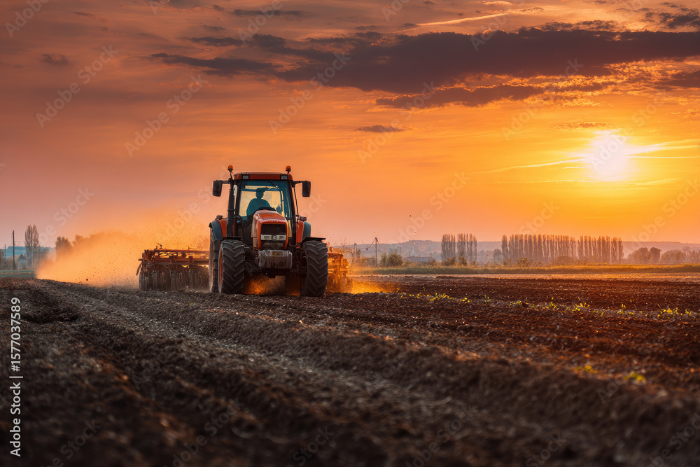 Obraz premium Tractor drives across large field making special beds for sowing seeds into purified soil. Agricultural vehicle works at sunset in countryside