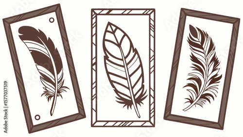 Three feather art prints in wooden frames rustic home decor wall art bohemian style feather illustration