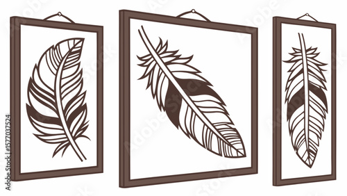 Feather wall art decor print set of three framed feather illustrations for home and office space 100