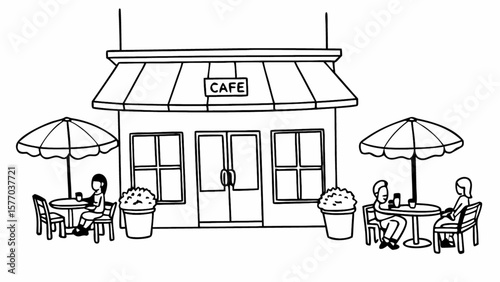 Cafe shop front view illustration with people sitting at tables and umbrellas line art vector graphic design