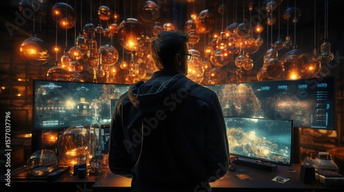 A scientist analyzing data on multiple large computer screens